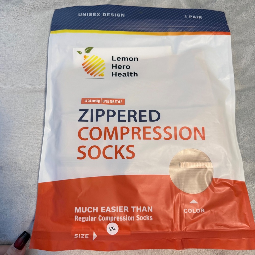 Lemon Hero Zippered Compression Socks‎ Open Toe 15-20 mmHg 4XL Beige New